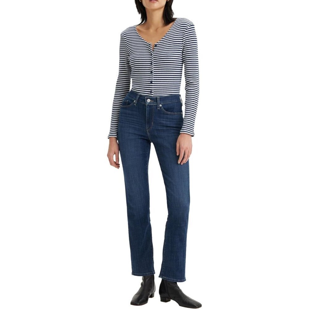 Women's Straight Jeans Cotton Blend Mid Rise Dark Wash 28-32 Inch Inseam